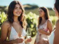 Ragazza sorridente con un bicchiere di vino in mano, perfetta per un outfit aperitivo in vigna.