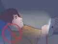 Ragazzo sdraiato al buio, illuminato da uno schermo, con un cerchio rosso di divieto sull'orecchio. Evita di dormire fuori casa con il telefono.