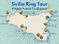 Mappa di un itinerario Sicilia 7 giorni in auto, con tappe a Catania, Ragusa-Modica, Noto-Siracusa, Agrigento, Marsala, Trapani, Palermo, Taormina, Messina.