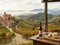 Un villaggio piemontese tra vigneti autunnali. Un calice di vino e formaggio su un tavolo, perfetti per esplorare i percorsi enogastronomici del Piemonte.