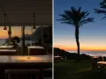 Interno di un ristorante con vista mare al tramonto, tavoli illuminati. Esterno con palme e tavoli da giardino, perfetto per un **hotel tramonto**.