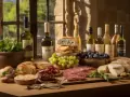 Un perfetto aperitivo in vigna Veneto: vini, pane, salumi, formaggi, uva e verdure fresche, un invito alla convivialità.