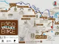 Mappa delle ciclabili in Emilia Romagna, con tappe dedicate a cibo e cultura, da Busseto a Sorbolo.