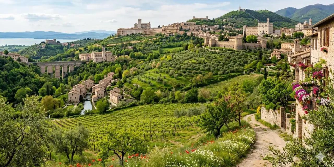 Un borgo umbro con vigneti e uliveti, perfetto per gite di un giorno da Perugia.