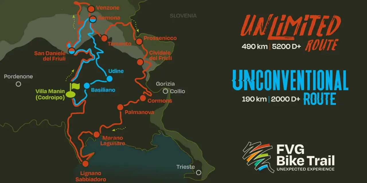 Mappa delle piste ciclabili del Friuli Venezia Giulia con due percorsi: Unlimited (490 km) e Unconventional (190 km).