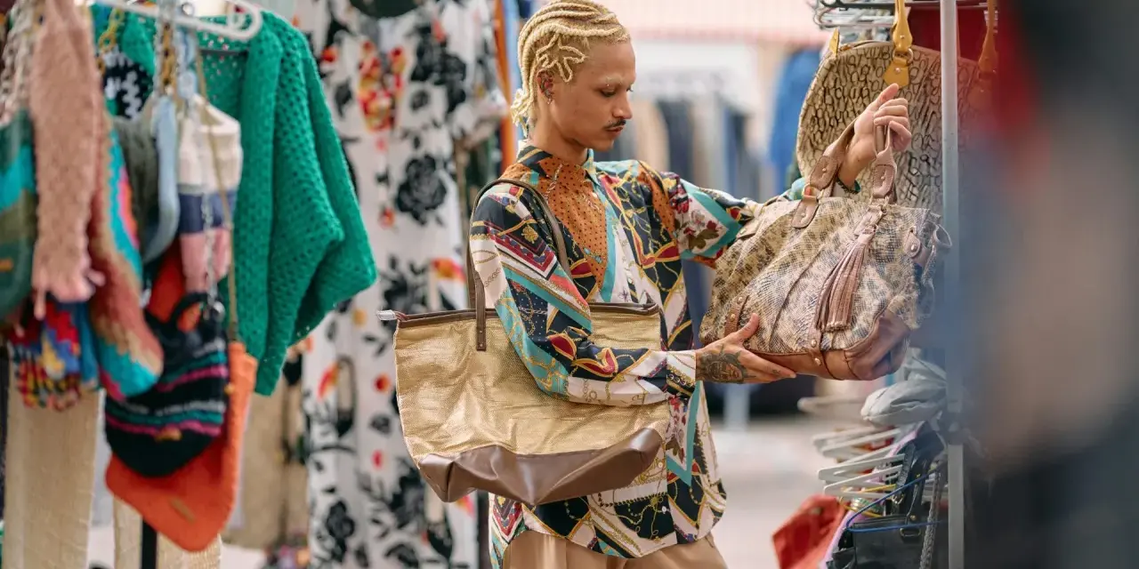 Un ragazzo con treccine bionde sceglie borse in un mercato di shopping a Roma.