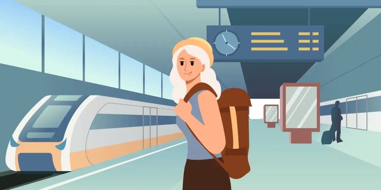 Ragazza con zaino in spalla alla stazione, pronta per capire come si prende un treno. Un treno moderno attende sul binario.