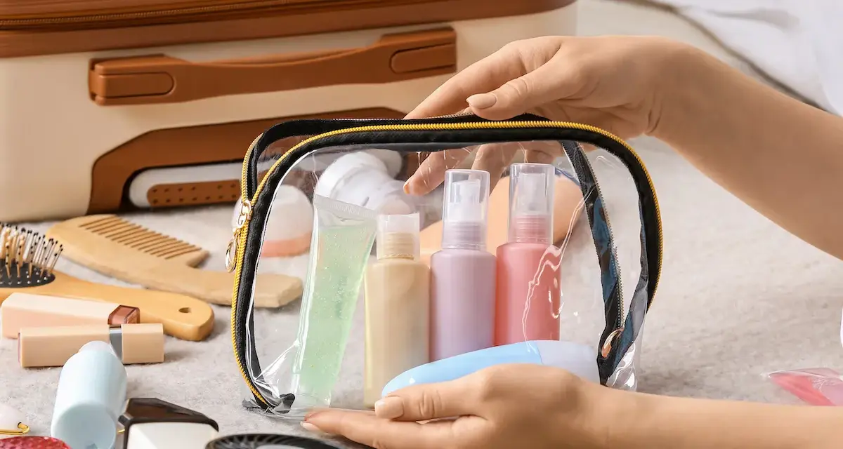 Mani che preparano cosa mettere nel beauty case: flaconi, gel e accessori da viaggio in una trousse trasparente.