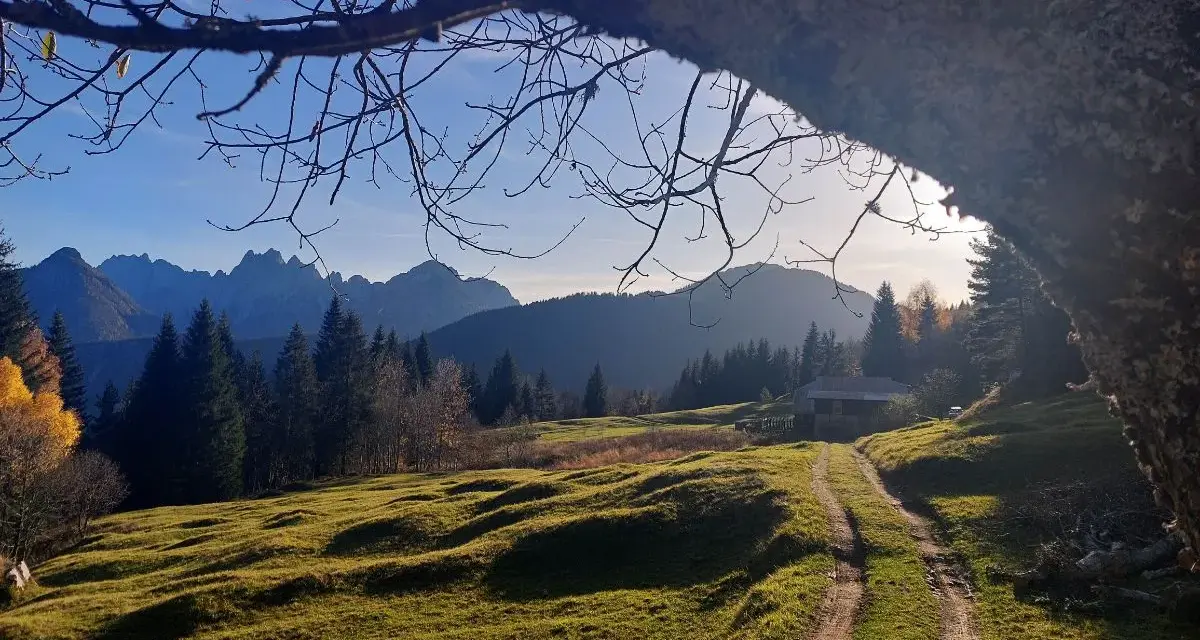 Sentiero in collina con casetta e montagne sullo sfondo, un assaggio di cosa vedere a Tarvisio in autunno.