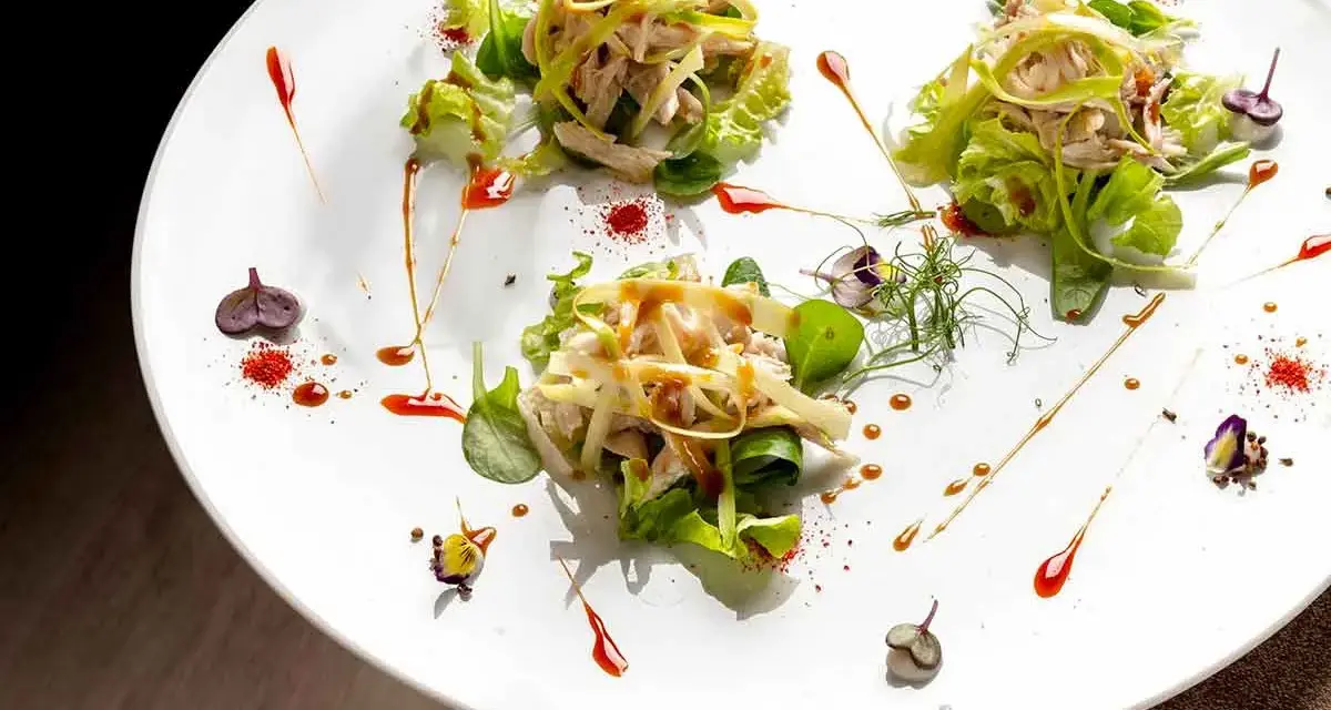 Tre porzioni di insalata di pollo e verdure su un piatto bianco, un'ottima opzione per trattorie economiche a Bra.
