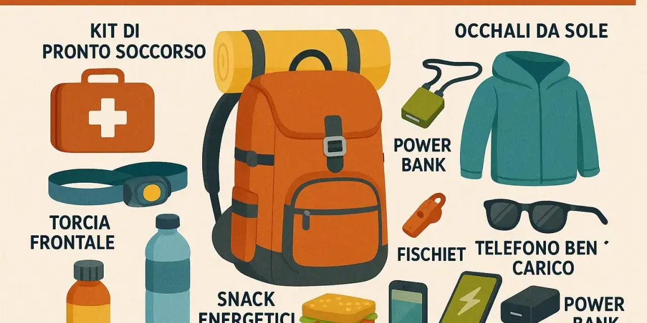 Zaino da trekking arancione con kit pronto soccorso, torcia frontale, snack, occhiali da sole, giacca, fischietti, power bank e telefono carico. Ecco cosa mettere nello zaino!