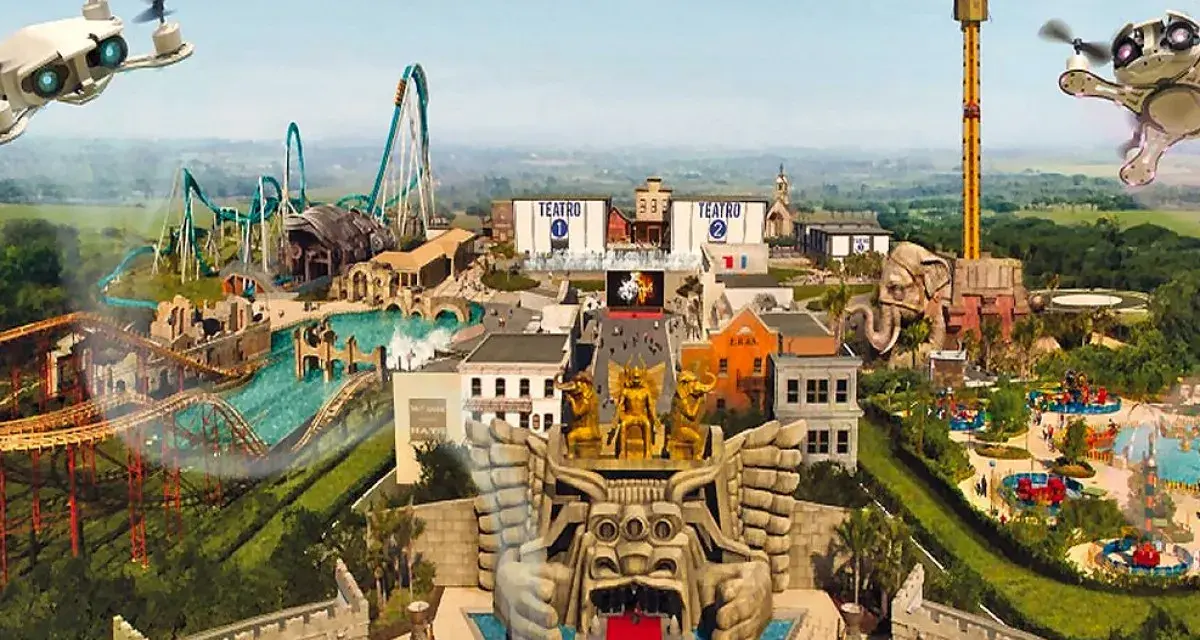 Parco divertimenti con montagne russe, torri panoramiche e attrazioni a tema. Per sapere come arrivare a Cinecittà World da Roma Termini, guarda questo panorama.