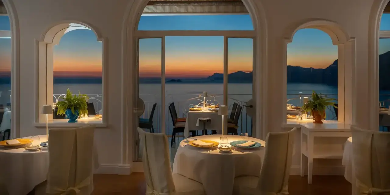 Tavoli apparecchiati nel ristorante dell'hotel Tramonto d'Oro, con vista sul mare al tramonto.