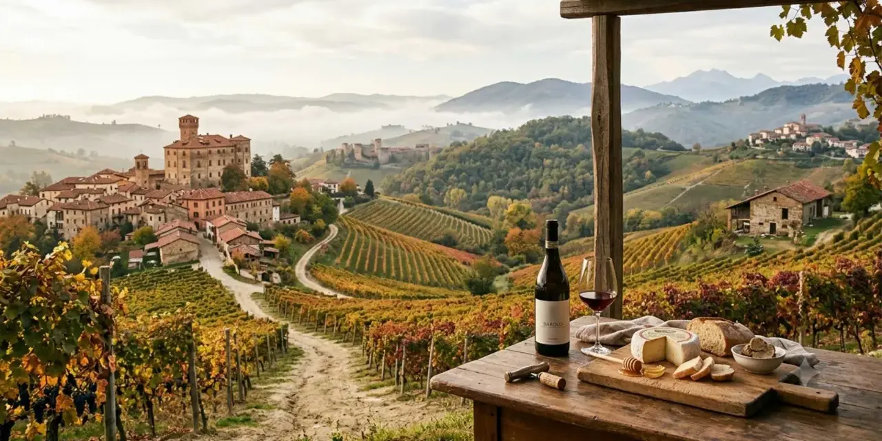 Un villaggio piemontese tra vigneti autunnali. Un calice di vino e formaggio su un tavolo, perfetti per esplorare i percorsi enogastronomici del Piemonte.