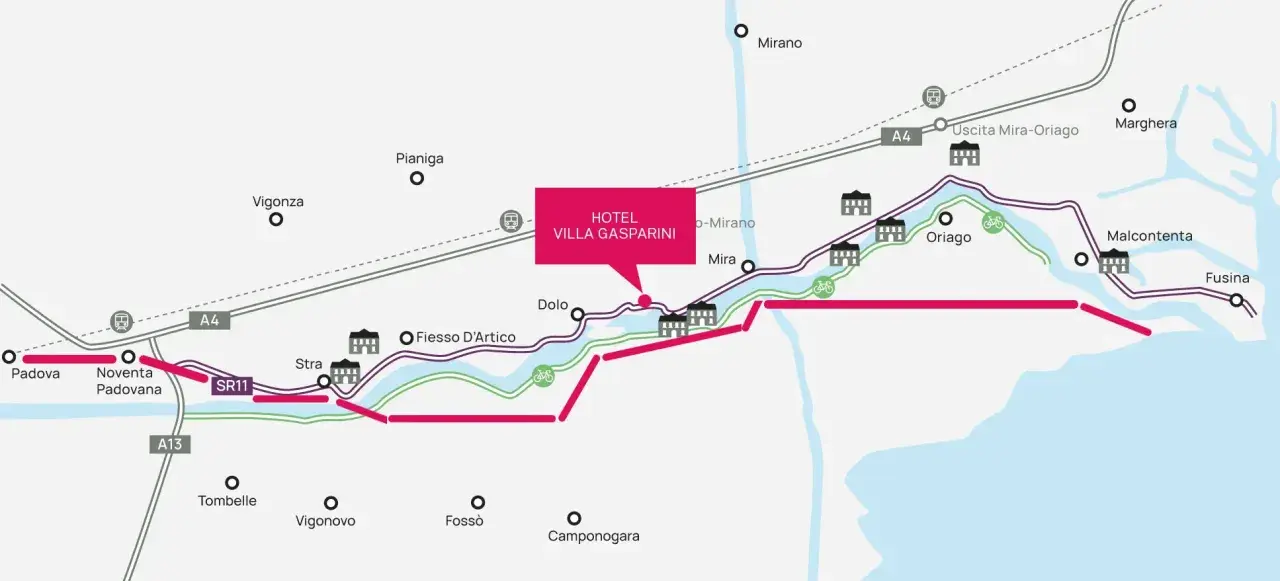 Mappa di un tour ville venete, con hotel Villa Gasparini, percorsi ciclabili e autostrade A4/A13.