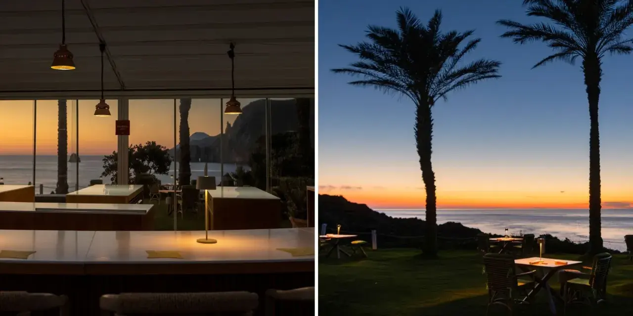 Interno di un ristorante con vista mare al tramonto, tavoli illuminati. Esterno con palme e tavoli da giardino, perfetto per un **hotel tramonto**.