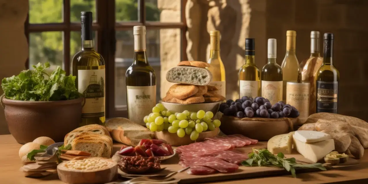 Un perfetto aperitivo in vigna Veneto: vini, pane, salumi, formaggi, uva e verdure fresche, un invito alla convivialità.