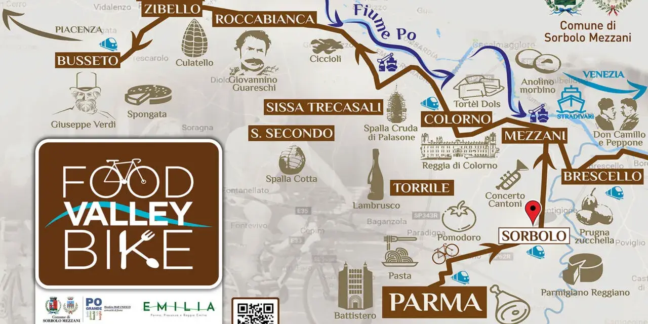 Mappa delle ciclabili in Emilia Romagna, con tappe dedicate a cibo e cultura, da Busseto a Sorbolo.
