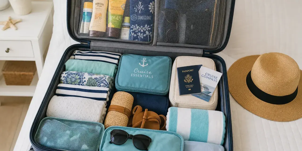 Valigia aperta con abiti piegati, creme solari, cappello di paglia, occhiali da sole e documenti. Ecco cosa portare in barca a vela per una vacanza perfetta.