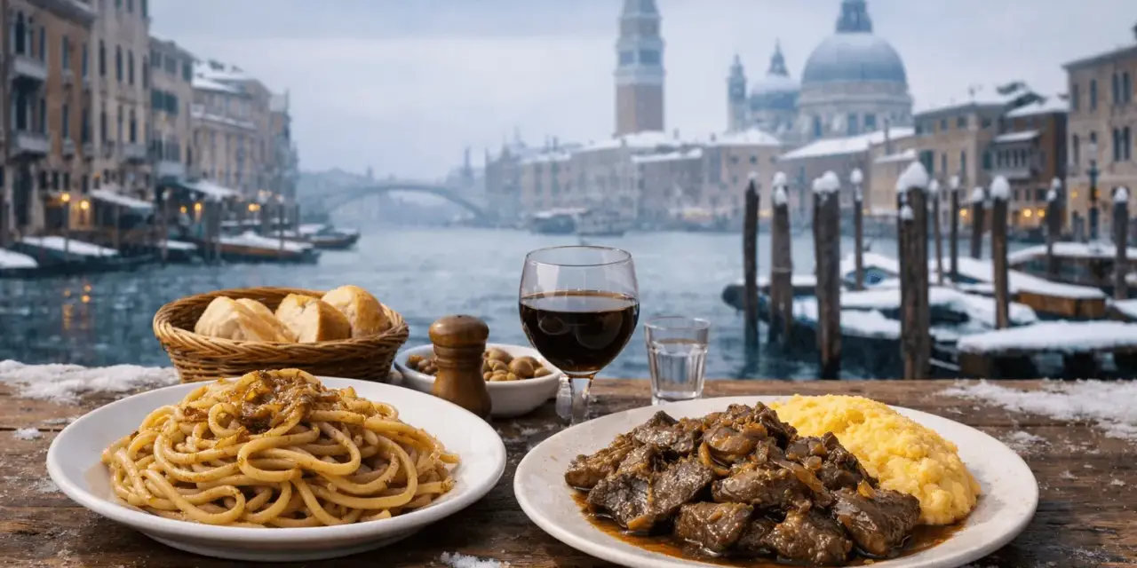 Un assaggio di piatti tipici veneziani con spaghetti e spezzatino, sullo sfondo di un Canal Grande innevato.