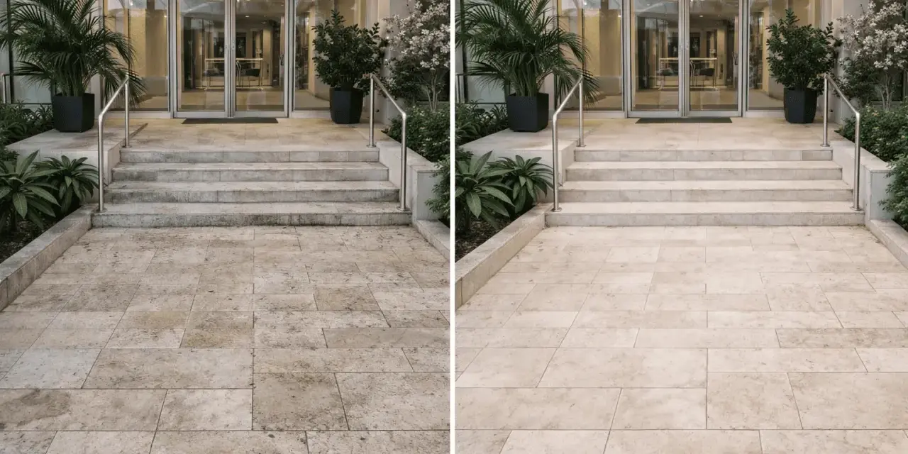 Ingresso hotel prima e dopo pulizia. Pavimento e scale sporchi, poi splendenti. Ideale per rimborso booking hotel sporco.