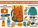 Zaino da trekking arancione con kit pronto soccorso, torcia frontale, snack, occhiali da sole, giacca, fischietti, power bank e telefono carico. Ecco cosa mettere nello zaino!