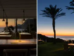Interno di un ristorante con vista mare al tramonto, tavoli illuminati. Esterno con palme e tavoli da giardino, perfetto per un **hotel tramonto**.