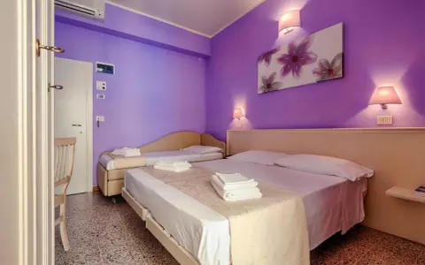 Camera accogliente con letti comodi e pareti viola, ideale per un soggiorno rilassante al Hotel Plaza Gabicce Mare.
