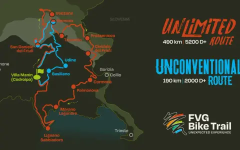 Mappa delle piste ciclabili del Friuli Venezia Giulia con due percorsi: Unlimited (490 km) e Unconventional (190 km).
