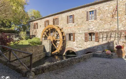 Mulino in pietra con ruota in legno, perfetto per le gite da Tuscany. Un angolo di pace tra alberi e acqua.