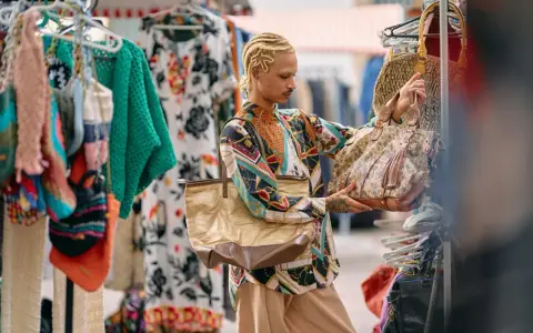 Un ragazzo con treccine bionde sceglie borse in un mercato di shopping a Roma.