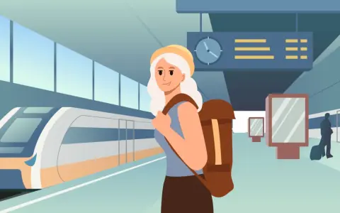 Ragazza con zaino in spalla alla stazione, pronta per capire come si prende un treno. Un treno moderno attende sul binario.