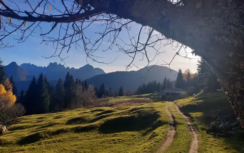 Sentiero in collina con casetta e montagne sullo sfondo, un assaggio di cosa vedere a Tarvisio in autunno.