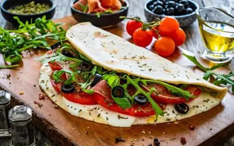 Piadina ripiena con pomodoro, mozzarella filante, rucola e olive nere. Un'esplosione di sapori per le tue farciture per piadine.