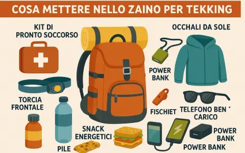 Zaino da trekking arancione con kit pronto soccorso, torcia frontale, snack, occhiali da sole, giacca, fischietti, power bank e telefono carico. Ecco cosa mettere nello zaino!