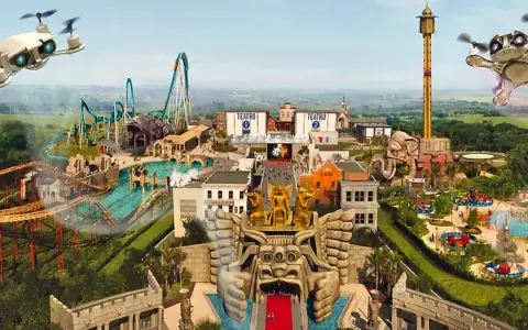 Parco divertimenti con montagne russe, torri panoramiche e attrazioni a tema. Per sapere come arrivare a Cinecittà World da Roma Termini, guarda questo panorama.