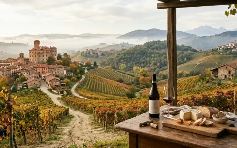 Un villaggio piemontese tra vigneti autunnali. Un calice di vino e formaggio su un tavolo, perfetti per esplorare i percorsi enogastronomici del Piemonte.