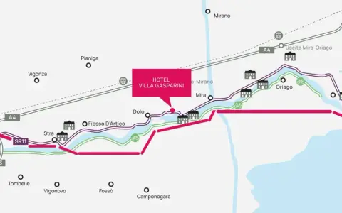 Mappa di un tour ville venete, con hotel Villa Gasparini, percorsi ciclabili e autostrade A4/A13.