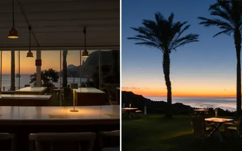Interno di un ristorante con vista mare al tramonto, tavoli illuminati. Esterno con palme e tavoli da giardino, perfetto per un **hotel tramonto**.