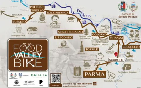 Mappa delle ciclabili in Emilia Romagna, con tappe dedicate a cibo e cultura, da Busseto a Sorbolo.