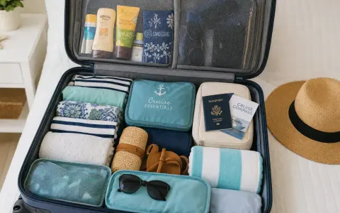 Valigia aperta con abiti piegati, creme solari, cappello di paglia, occhiali da sole e documenti. Ecco cosa portare in barca a vela per una vacanza perfetta.