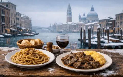 Un assaggio di piatti tipici veneziani con spaghetti e spezzatino, sullo sfondo di un Canal Grande innevato.