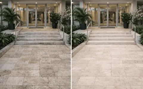 Ingresso hotel prima e dopo pulizia. Pavimento e scale sporchi, poi splendenti. Ideale per rimborso booking hotel sporco.