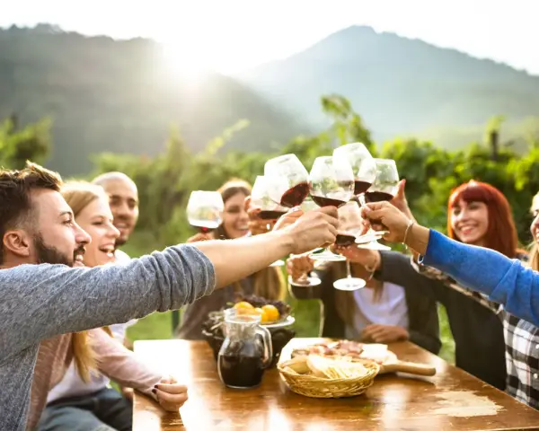 Amici brindano con vino rosso durante un aperitivo in vigna, con un paesaggio collinare sullo sfondo.