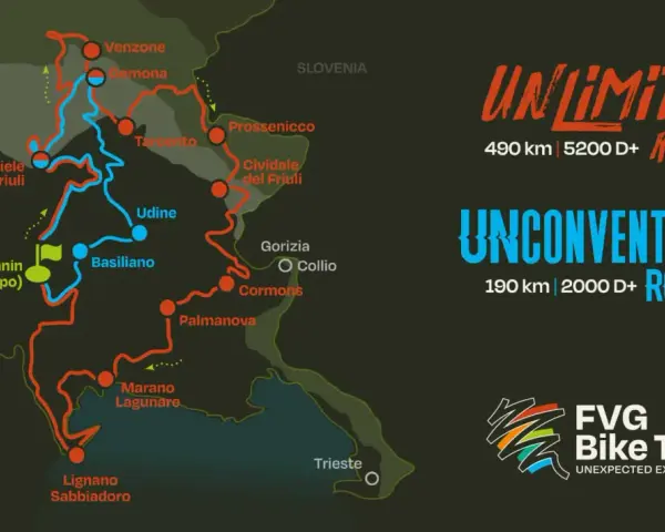 Mappa delle piste ciclabili del Friuli Venezia Giulia con due percorsi: Unlimited (490 km) e Unconventional (190 km).