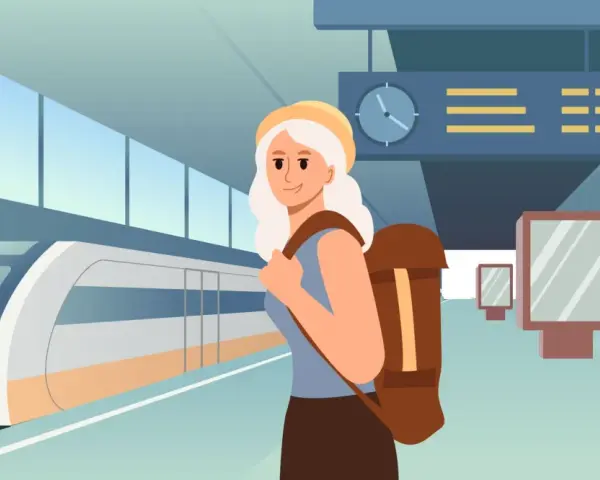 Ragazza con zaino in spalla alla stazione, pronta per capire come si prende un treno. Un treno moderno attende sul binario.