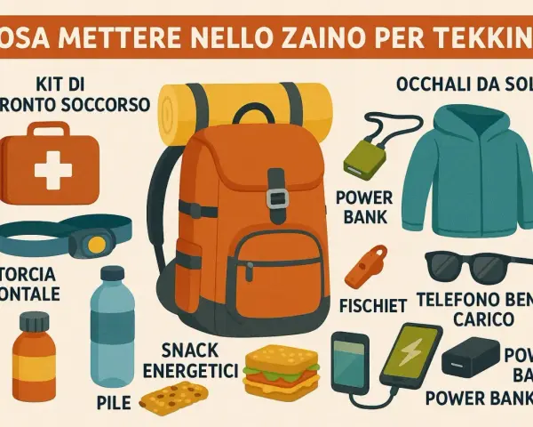 Zaino da trekking arancione con kit pronto soccorso, torcia frontale, snack, occhiali da sole, giacca, fischietti, power bank e telefono carico. Ecco cosa mettere nello zaino!