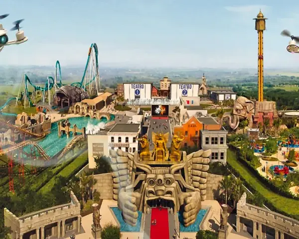 Parco divertimenti con montagne russe, torri panoramiche e attrazioni a tema. Per sapere come arrivare a Cinecittà World da Roma Termini, guarda questo panorama.