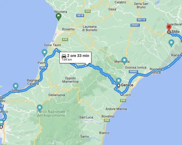 Mappa del percorso da Napoli a Reggio Calabria, con la **autostrada Napoli Reggio Calabria** evidenziata. Il viaggio dura 2 ore e 33 minuti per 154 km.
