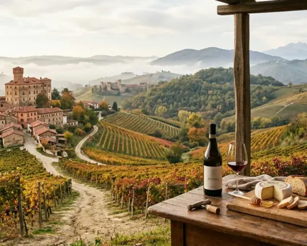 Un villaggio piemontese tra vigneti autunnali. Un calice di vino e formaggio su un tavolo, perfetti per esplorare i percorsi enogastronomici del Piemonte.